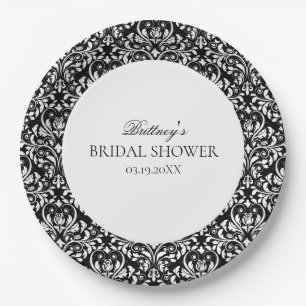 Black And White Elegant Damask Bridal Shower Paper Plate