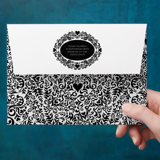 Black and White Elegant Damask Pattern Envelope (Hand)