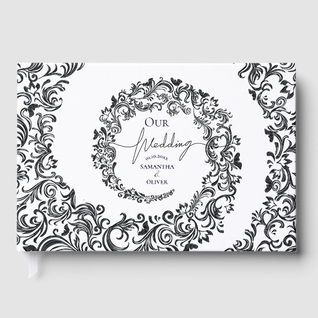Black and White Elegant Damask Wedding Guest Book (Front)