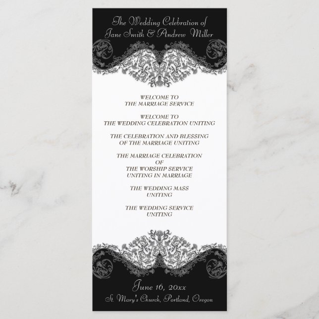 Black and white elegant damask Wedding Programs (Front)