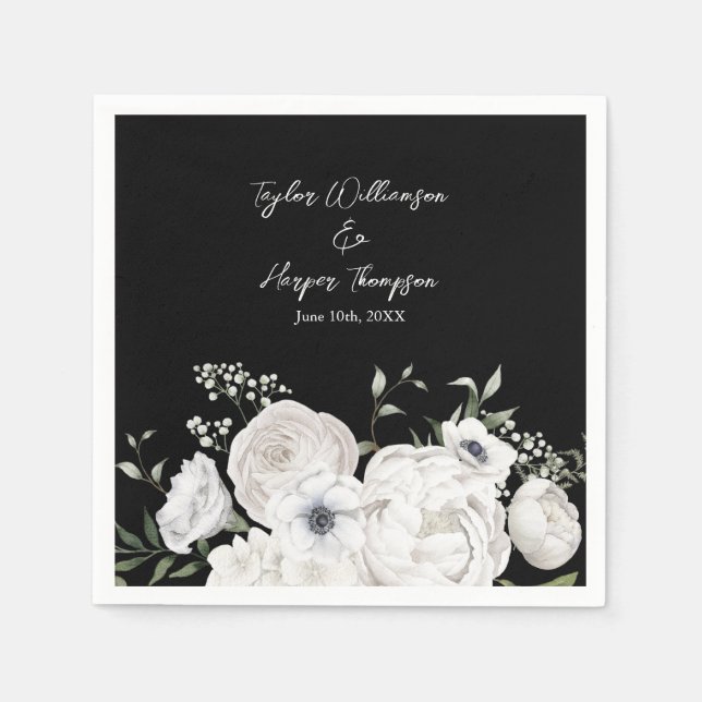 Black and White Elegant Floral Bouquet Modern Napkin (Front)