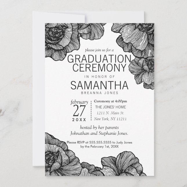 Black and White Elegant Floral Graduation Ceremony Invitation (Front)
