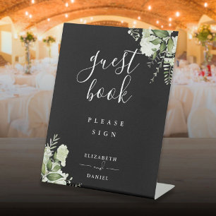 Black And White Elegant Floral Greenery Guest Book Pedestal Sign