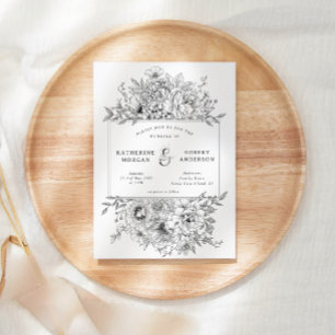black and white elegant floral wedding invitation