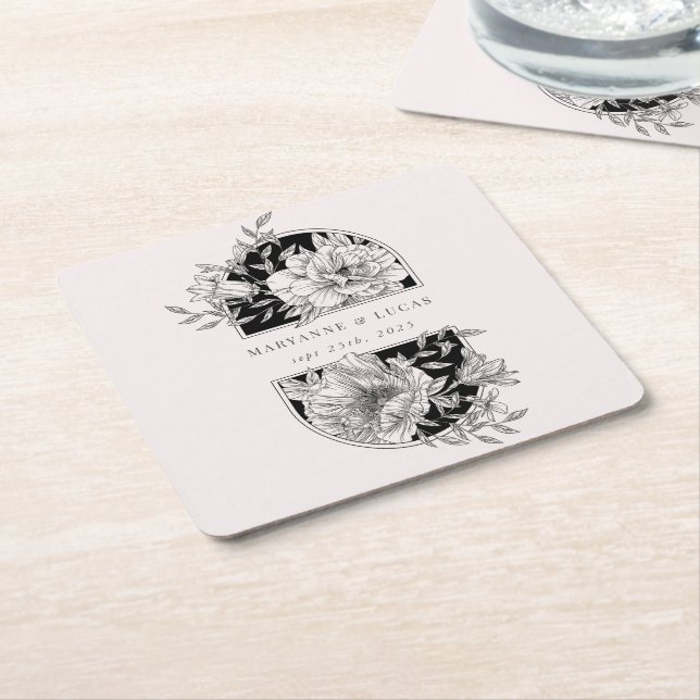 Black and White Elegant Floral Wedding Square Paper Coaster (Angled)