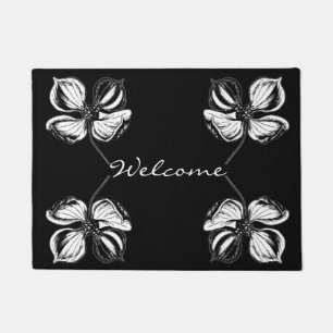 Black and White Elegant Flower Pattern Doormat