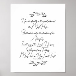 Black and White Elegant Leaves Psalm 91 Christian Poster