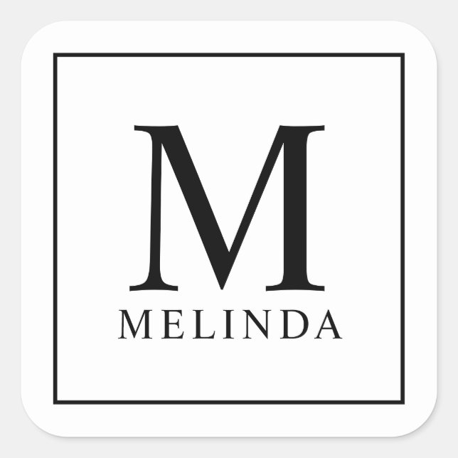 Black and White Elegant Monogram Square Sticker (Front)