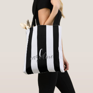 Black and White Elegant Monogram Striped Tote Bag