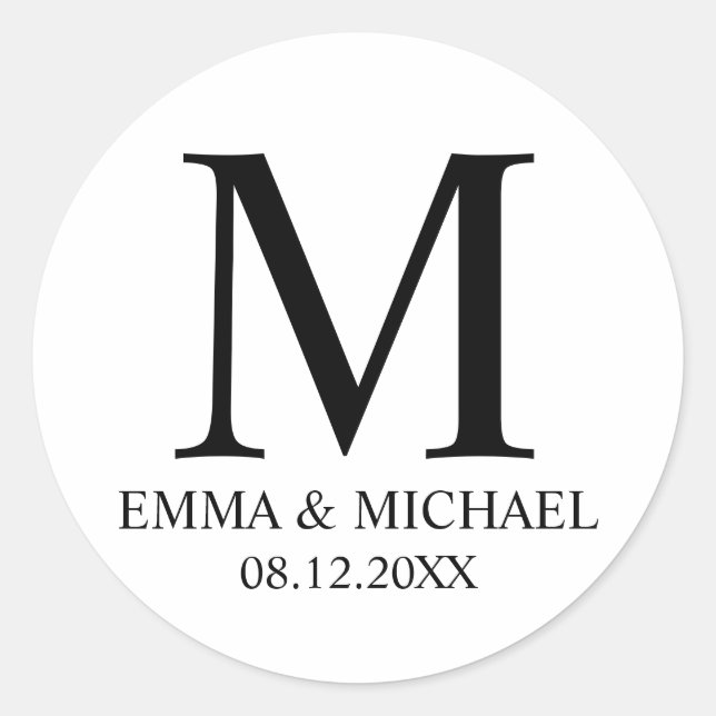 Black and White Elegant Monogram Wedding Favour Classic Round Sticker (Front)