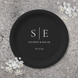 Black And White Elegant Monogram Wedding Paper Plate