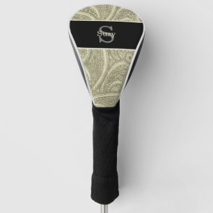 Black and White Elegant Paisley Initial Monogram Golf Head Cover
