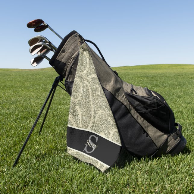 Black and White Elegant Paisley Initial Monogram Golf Towel (Green)