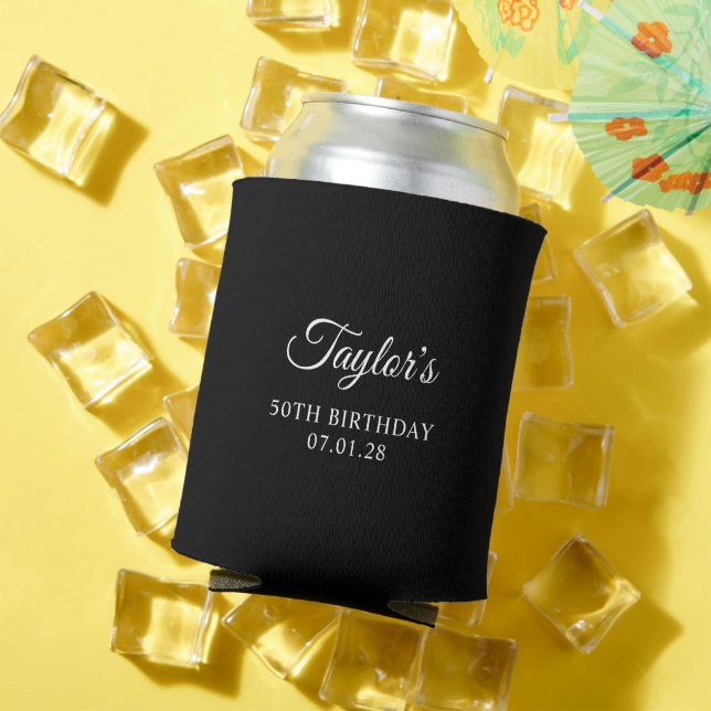 Black and White Elegant Script 50th Birthday Can Cooler (In Situ Summer)