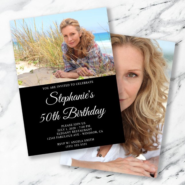 Black and White Elegant Script 50th Birthday Invitation (Black and White Elegant Script 50th Birthday Invitation)