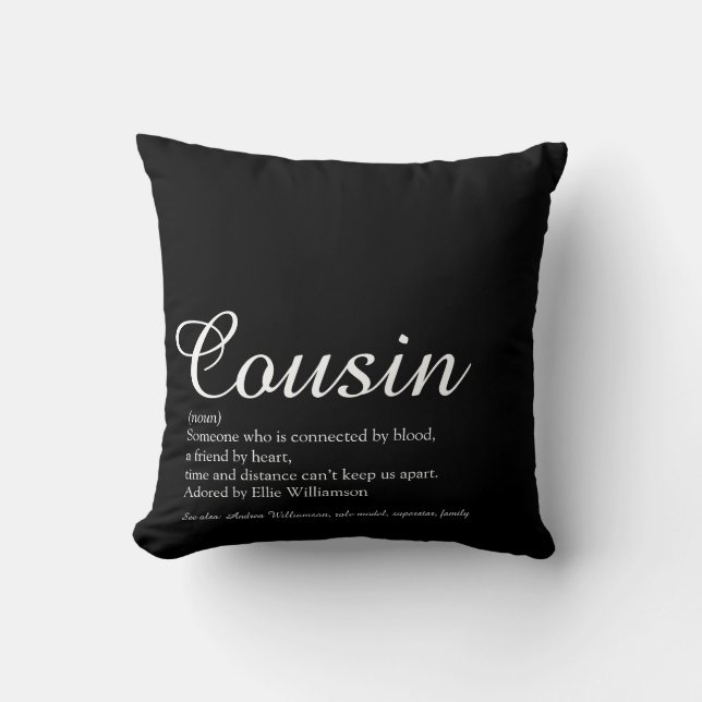 Black and White Elegant Script Cousin Definition  Throw Pillow (Front)