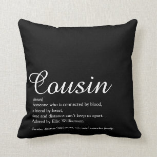 Black and White Elegant Script Cousin Definition Throw Pillow