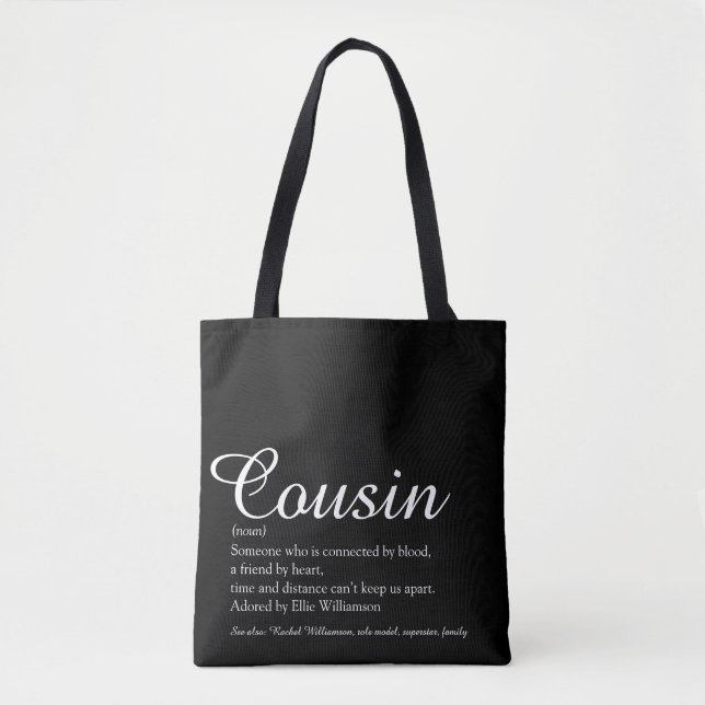 Black and White Elegant Script Cousin Definition Tote Bag (Front)