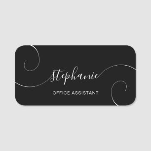 Black and White Elegant Script Curly Job Title Name Tag