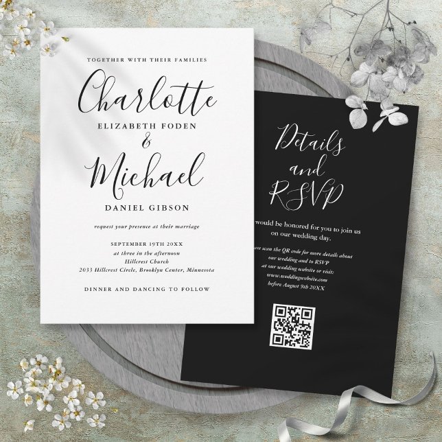 Black And White Elegant Script QR Code Wedding Invitation (Black And White Elegant Script QR Code Wedding Invitation)
