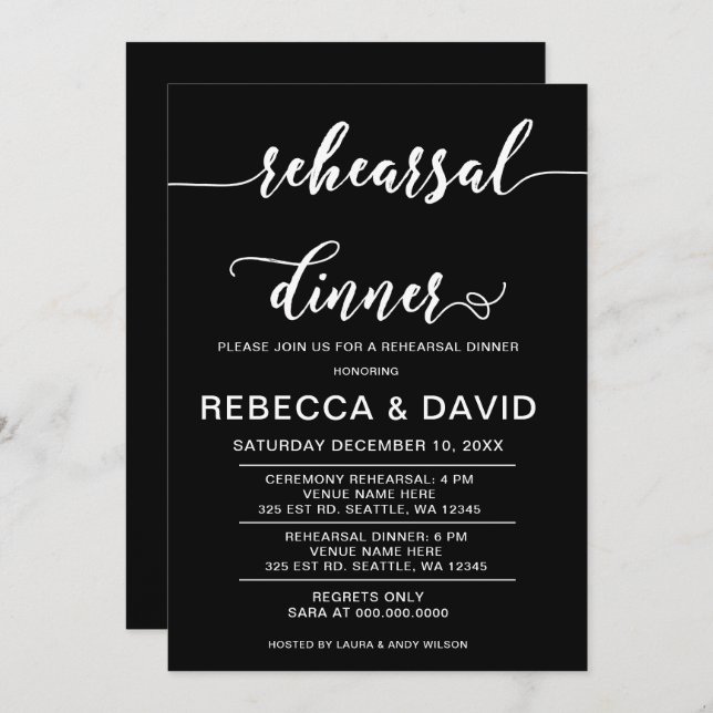 Black and White Elegant Script Rehearsal Dinner Invitation (Front/Back)