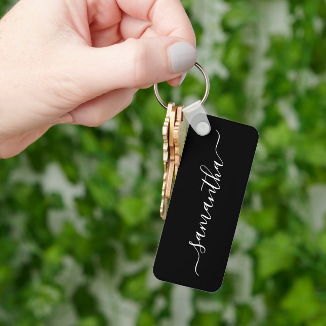 Black and White Elegant Script Signature Name Keychain (Hand)