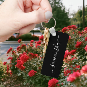 Black and White Elegant Script Signature Name Keychain