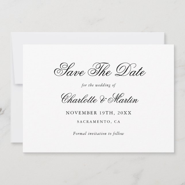 Black and White Elegant Script Simple Wedding Save The Date (Front)