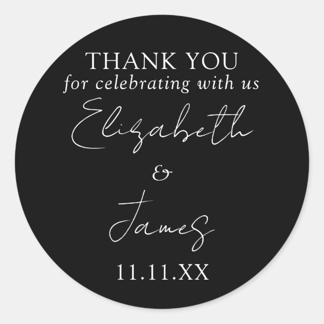 Black And White Elegant Script Wedding Thank You Classic Round Sticker (Front)