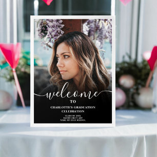 Black and white elegant script welcome graduation poster