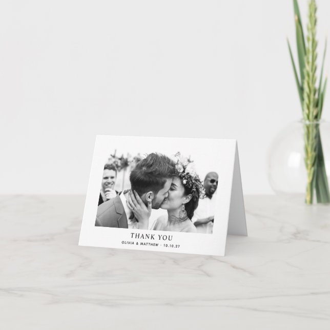 Black and white elegant simple clean photo wedding thank you card (Front)