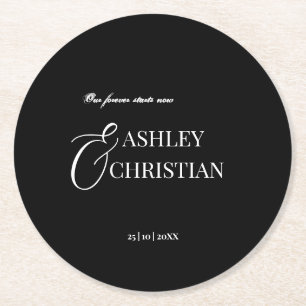 Black and white elegant simple monogram printed round paper coaster