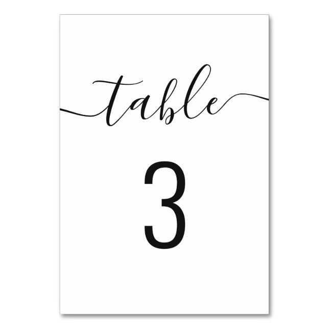 Black and white elegant simple script wedding table number (Front)
