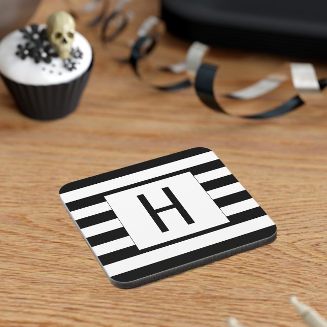 Black and White Elegant Stripe Monogrammed Coaster (A stylish black and white striped coaster with space for your initial)