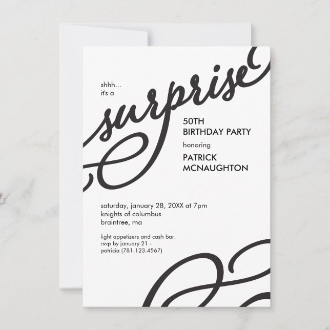 Black and White Elegant Surprise Birthday Party Invitation (Front)