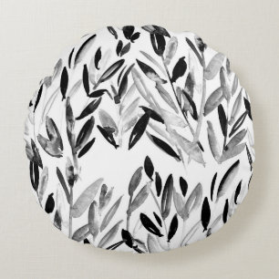 Black and white elegant watercolor natural leaves  round pillow