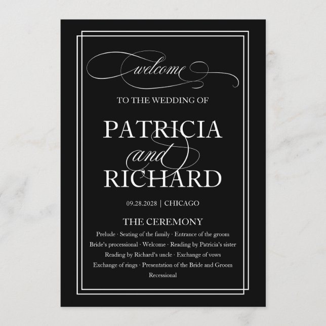 Black And White Elegant Wedding Ceremony Program (Front)