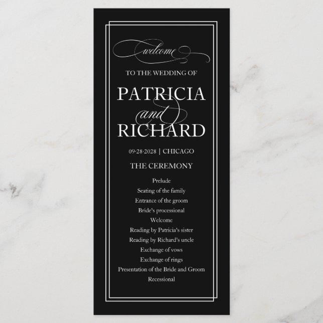 Black And White Elegant Wedding Ceremony Program (Front)