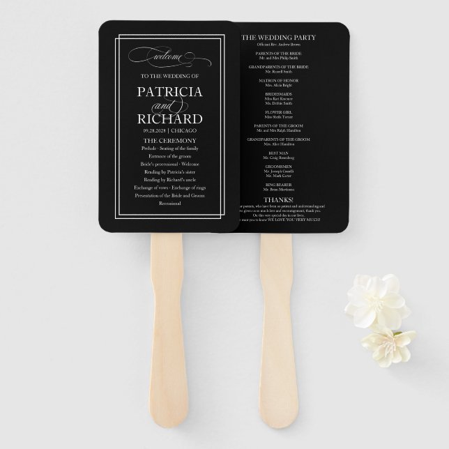 Black And White Elegant Wedding Program Hand Fan (Front and Back)