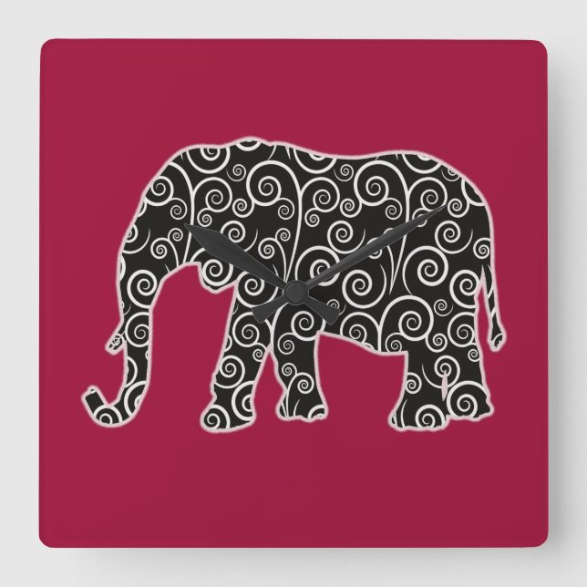 Black and White Elephant on Red Square Wall Clock (Front)