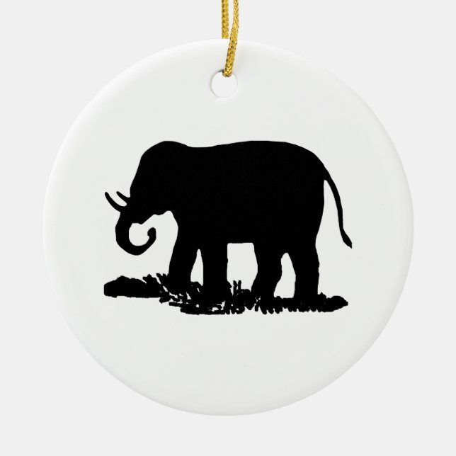 Black and White Elephant Silhouette Ceramic Ornament (Front)