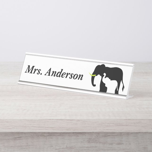 Black and White Elephants Desk Name Plate (Front)