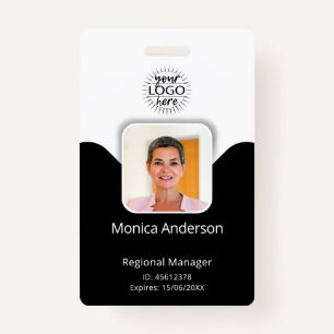 Black and White Employee Photo ID Name QR Bar Code Badge