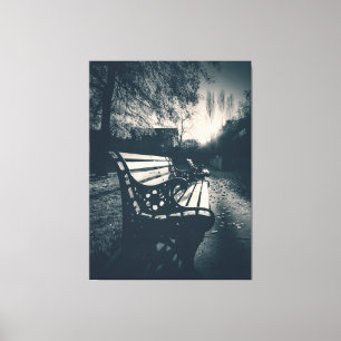Black and White Empty Bench in Park Canvas Print