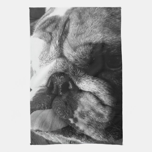Black and White English Bulldog Puppy Kitchen Towel (Vertical)