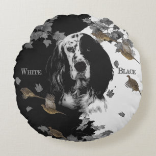 Black and white English setter Round Pillow