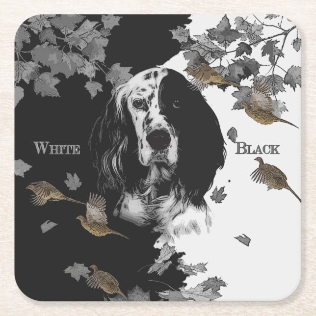 Black and white English setter    Square Paper Coaster (Front)