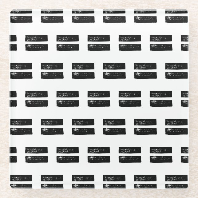 Black and White "Equals" Math Symbol Lino Cut Glass Coaster (Front)