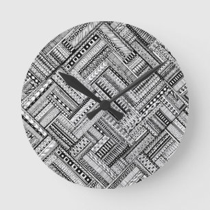 Black and White Ethinic Mix Pattern Round Clock