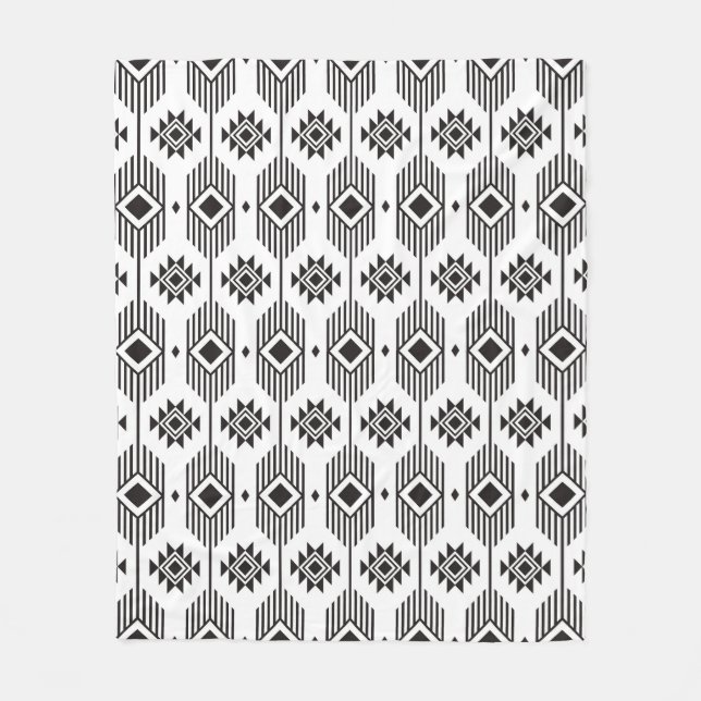 Black and white ethnic ikat geometric pattern fleece blanket (Front)